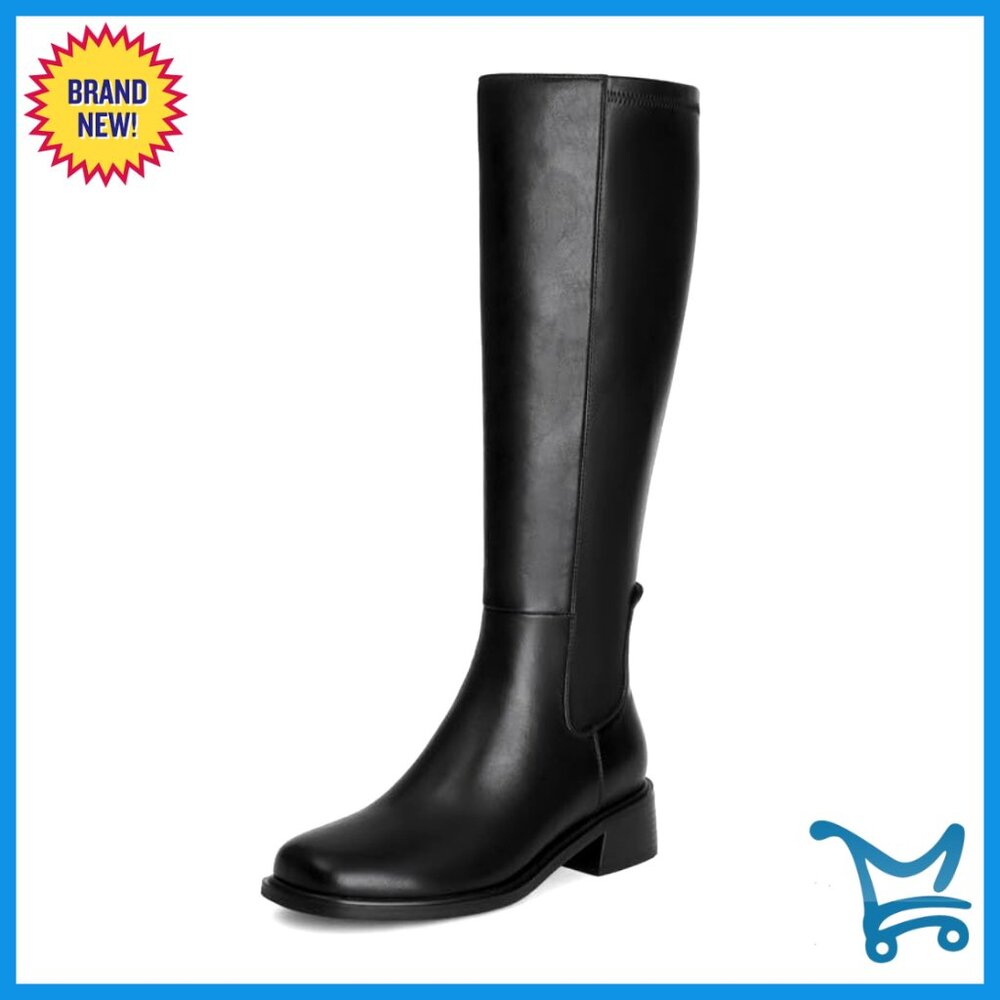 Knee High Boots Low Heel Faux Leather Side Zipper Square Toe Tall Boots